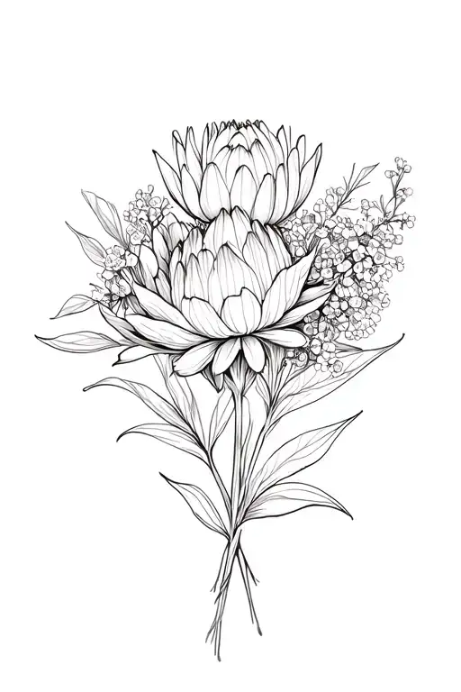 protea, carnation and gypsophila bouquet wrapped tattoo design idea