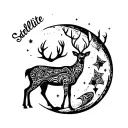 Deer standing on the moon, stars,  inscription "Satellite". tattoo design idea