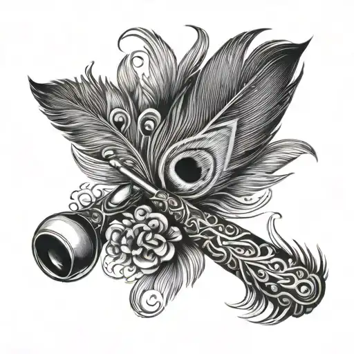 flute and peacock feather tattoo design idea