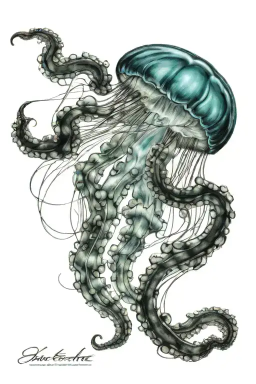 bluebottle jellyfish swimming tattoo design idea