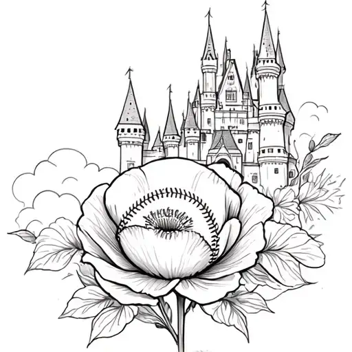 Poppy flower, a baseball and disney castle tattoo design idea