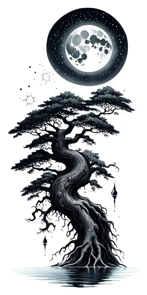 water with magical tree & roots ,moon , Aquarius  tattoo design idea
