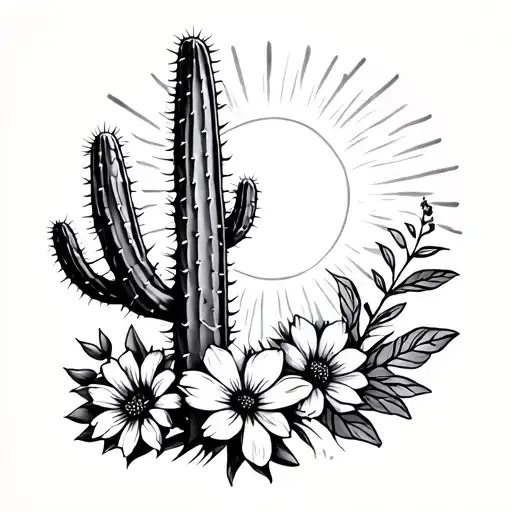 2 cacti under bright sun and flowers tattoo design idea