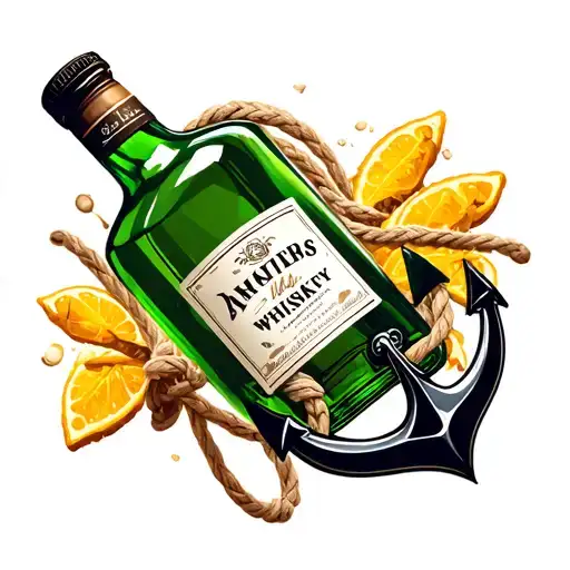 anchor, bottle of whiskey, rope tattoo design idea