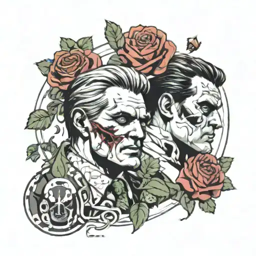 epic two-face comic style throwing a coin as principal tatto decorated with roses from poison ivy and slade wilson detai tattoo design idea