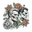 epic two-face comic style throwing a coin as principal tatto decorated with roses from poison ivy and slade wilson detai tattoo design idea