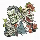 epic two-face comic style throwing a coin as principal tatto decorated with roses from poison ivy and slade wilson detai tattoo design idea
