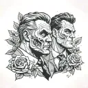 epic two-face comic style throwing a coin as principal tatto decorated with roses from poison ivy and slade wilson detai tattoo design idea