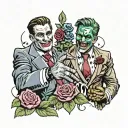 epic two-face comic style throwing a coin as principal tatto decorated with roses from poison ivy and slade wilson detai tattoo design idea