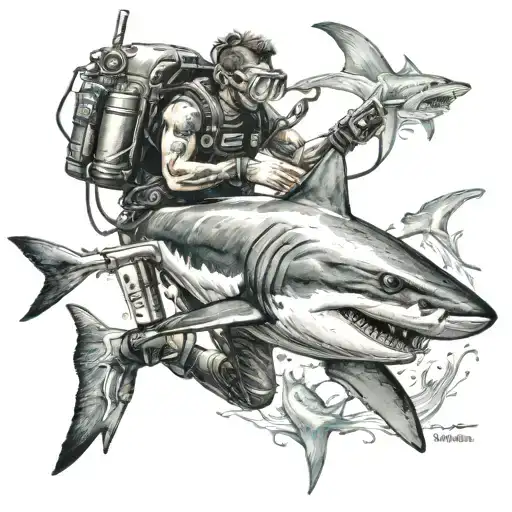 scuba diver fighting a shark tattoo design idea