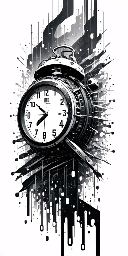 Cyberpunk tattoo design of a digital clock with cryptic binary codes and glitch effects, clock face floating in space, b tattoo design idea