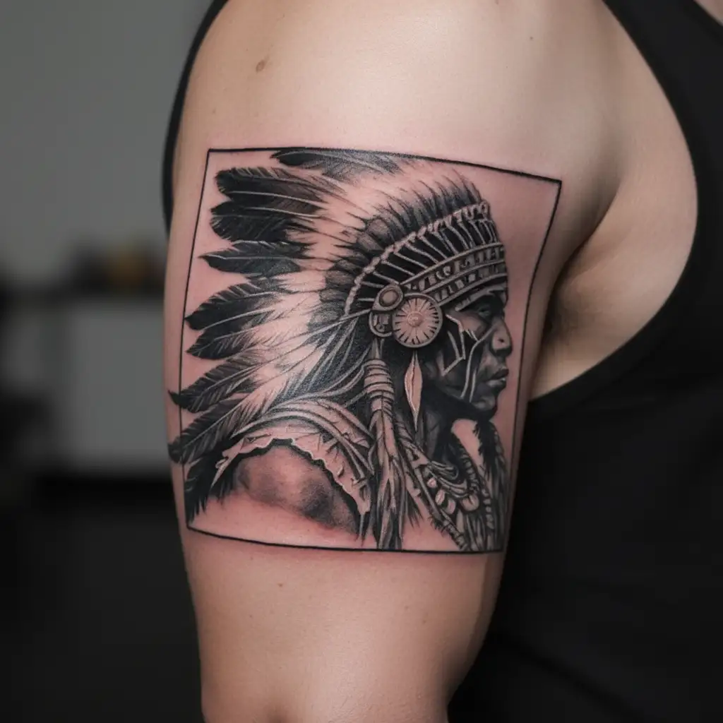 African Warrior With Native American headress tattoo design idea