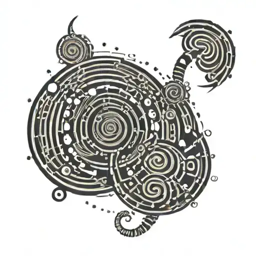 A circular spiraling tattoo in Morse code for the names "SEGOMOTSO" and "THEJANE" tattoo design idea