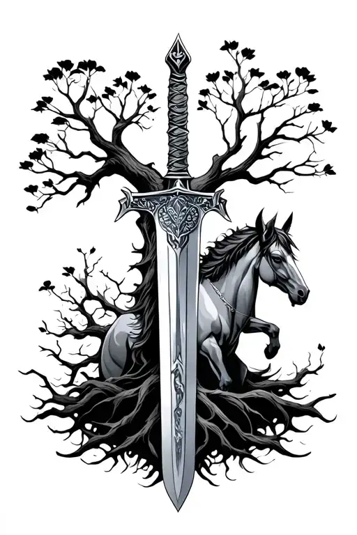 tree, sword and centaur tattoo design idea