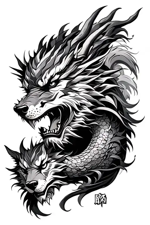 full LEFT ARM (asian dragon and oni mask wearing samurai and wolves) tattoo design idea