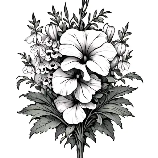 art Nouveau botanical lower stomach from hip to hip with foxgloves, acanthus, deadly nightshade or morning glory. tattoo design idea