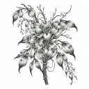 weeping willow branches with tulips and forget me knots tattoo design idea