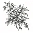 weeping willow branches with tulips and forget me knots tattoo design idea