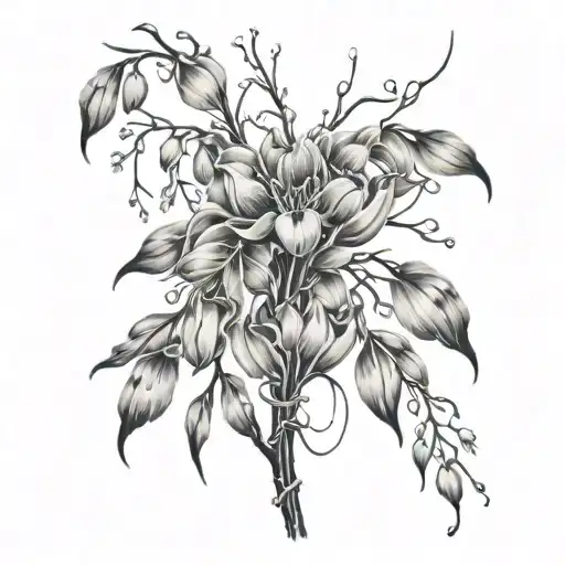 weeping willow branches with tulips and forget me knots tattoo design idea