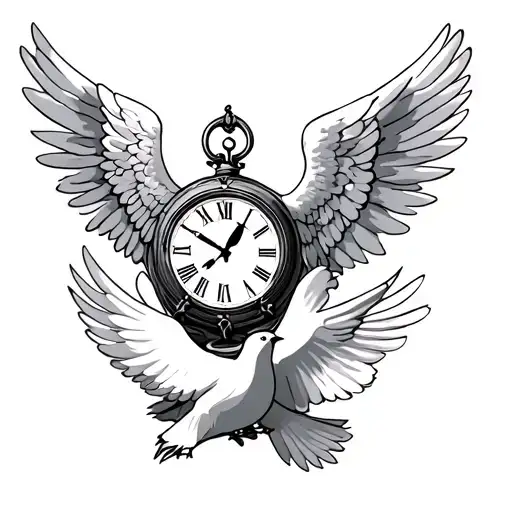 memorial tattoo featuring a Guardian angel, clock face depicting 10:20am, the number 13 and white doves tattoo design idea