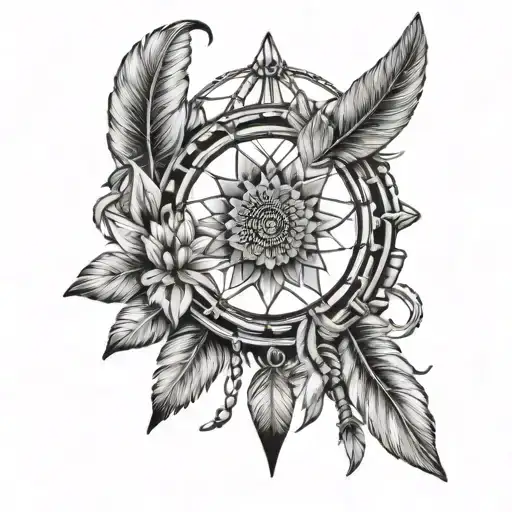feather, dream catcher, arrow head, native, dreamer, sunflower  tattoo design idea