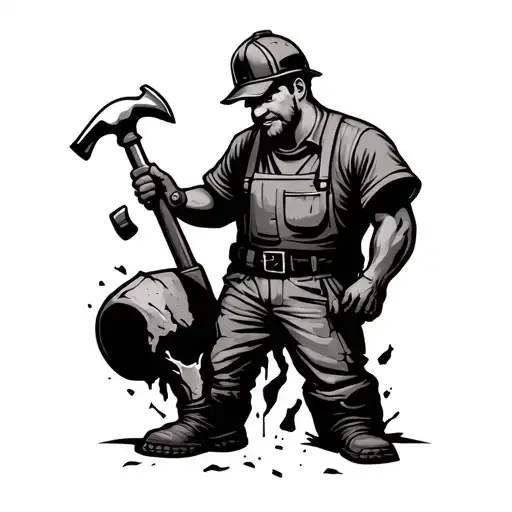 "A small tattoo design of a cartoon construction worker tapping a cracked shin bone with a hammer, humorous and symbolic tattoo design idea