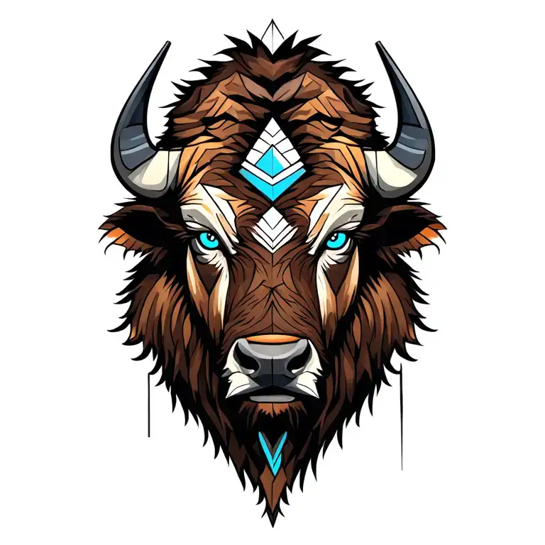 bison head surrounded with blue eyes tattoo design idea
