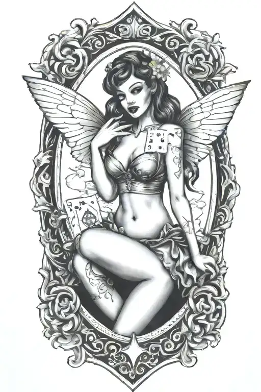pinup fairy modern holding deck of cards tattoo design idea