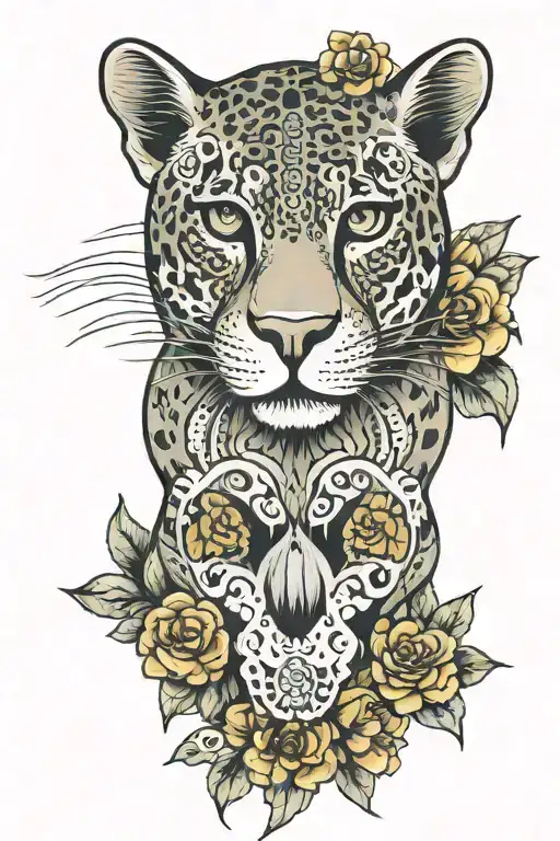 jaguar with mexican sugar skull tattoo design idea