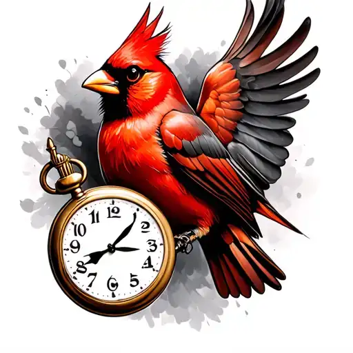 red cardinal flying holding a pocket watch tattoo design idea