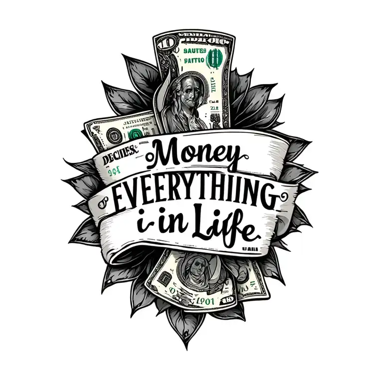 "Money decides everything in life" tattoo design idea