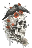 Crow sitting on skull surrounded by poppies blooming with the words "we would gladly feast on those who would consume us tattoo design idea