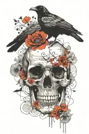 Crow sitting on skull surrounded by poppies blooming with the words "we would gladly feast on those who would consume us tattoo design idea