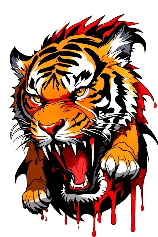 an evil tiger with battle scars and blood dripping from its mouth that is protecting a dragon tattoo design idea