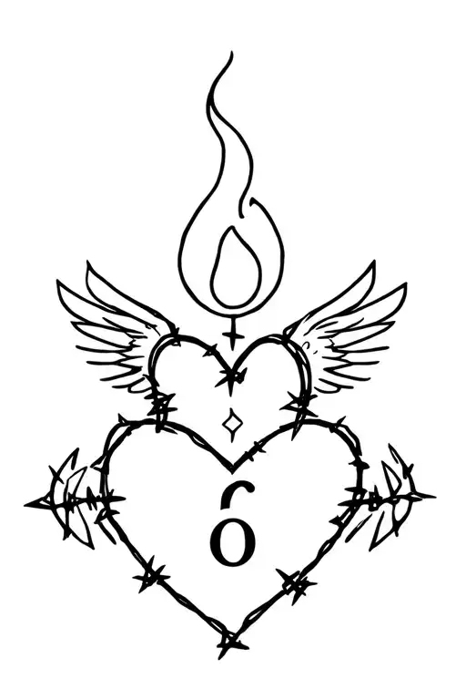a heart made of barbed wire with small wings on both sides and a flame above the heart and semicolon inside of the heart tattoo design idea