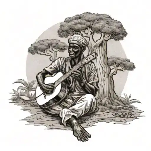 A Senegalese musician playing traditional instruments under a baobab tree tattoo design idea