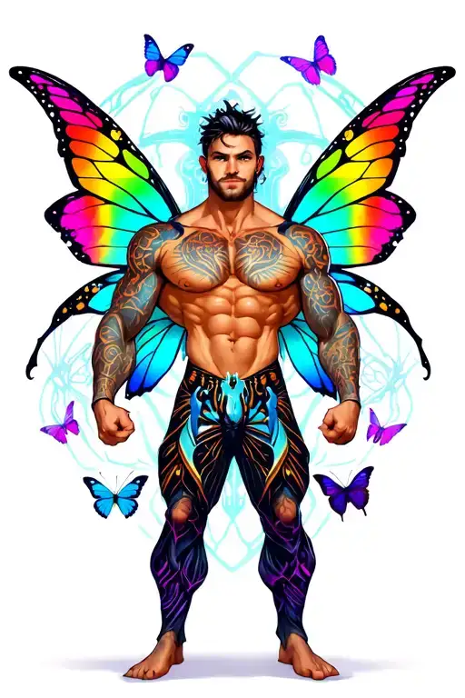 sexy adult gay male faery cartoon bodybuilder, playful, magical. Around him are butterflies, rainbow geometry fractals  tattoo design idea