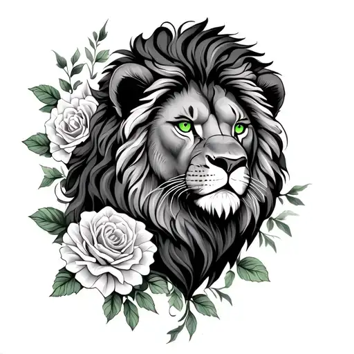 lion with light green eyes with roses and carnation flowers flowing down the leg  tattoo design idea