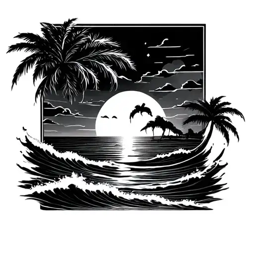 Waves heart and sunset on the beach tattoo design idea
