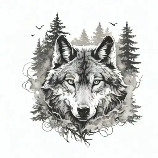 WOLF SLEEVE FOREST BACKGROUND WITH SMOKE EFFECT tattoo design idea