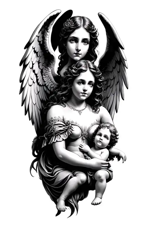 Gothic female angel and a small cherub  tattoo design idea