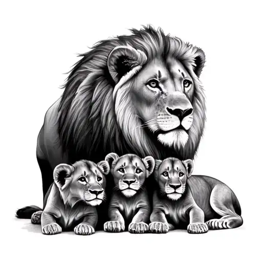 mom lion with 4 cub laying tattoo design idea
