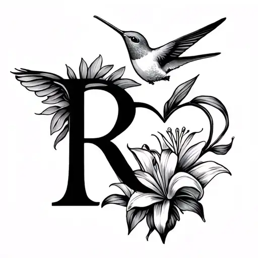 "R" ink, heart, hummingbird, small lily flower garden tattoo design idea