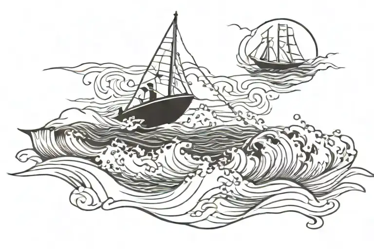 mother son and father sailing on a boat and waves crashing in the backgroun tattoo design idea