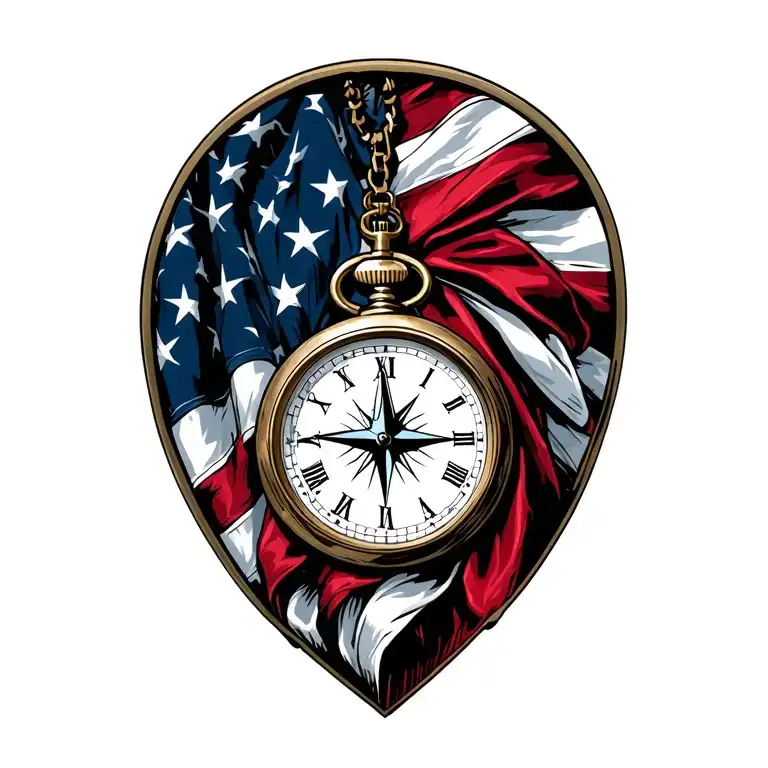 American flag draped over the shoulder with a pocket watch and a compass tattoo design idea