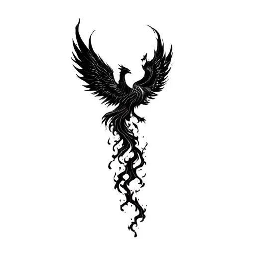 a feminine phoenix bird rising from ashes representing rebirth, and power. keep it simple.  tattoo design idea