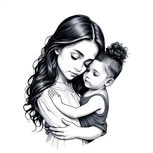 Create a tattoo template, bon of a mother who hugs her daughter and the little son tattoo design idea
