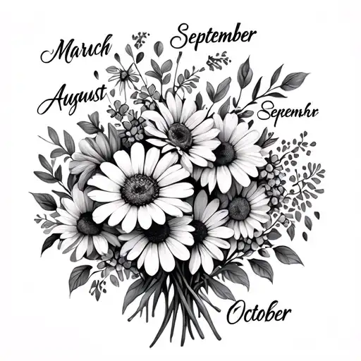 Birthday flowers with the months March, August, September October in a wildflower bouquet tattoo design idea