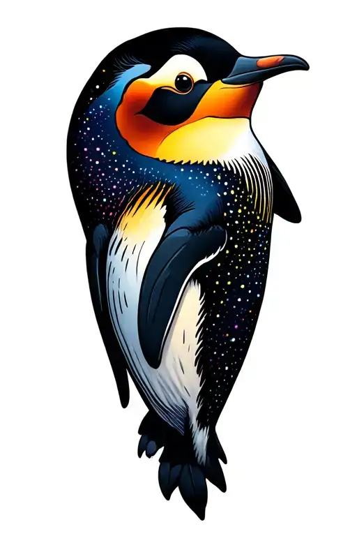 penguin looking up at a colorful starry night  tattoo design idea