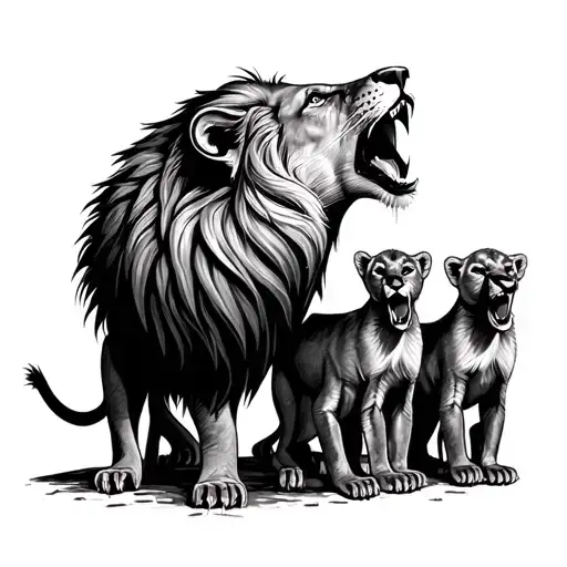 roaring lion in front of 4 cubs tattoo design idea